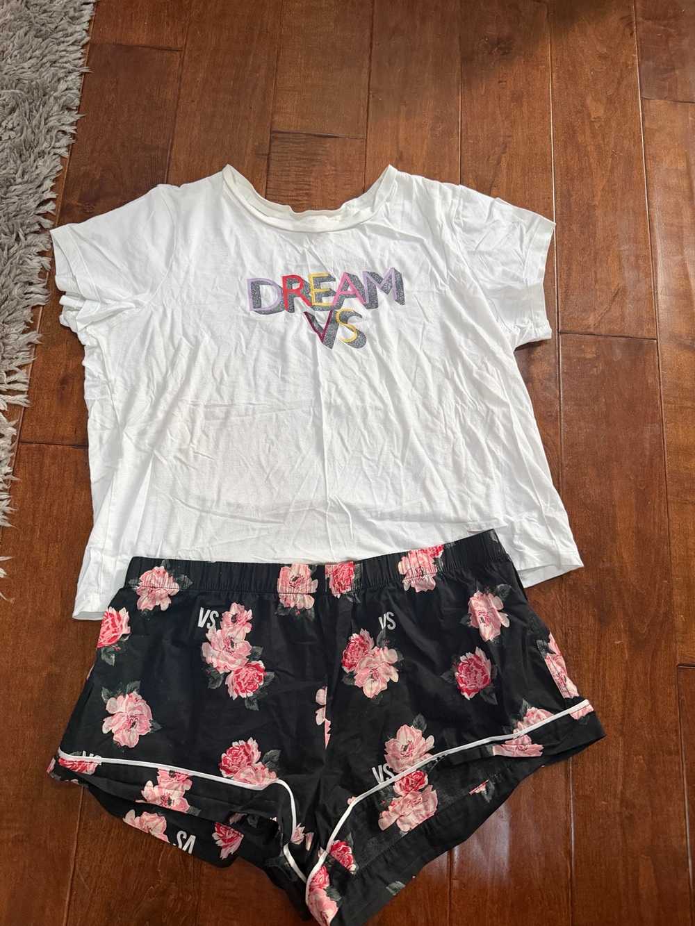 Victoria's Secret Black Floral Sleep Shorts with Pink Roses and White Shirt
